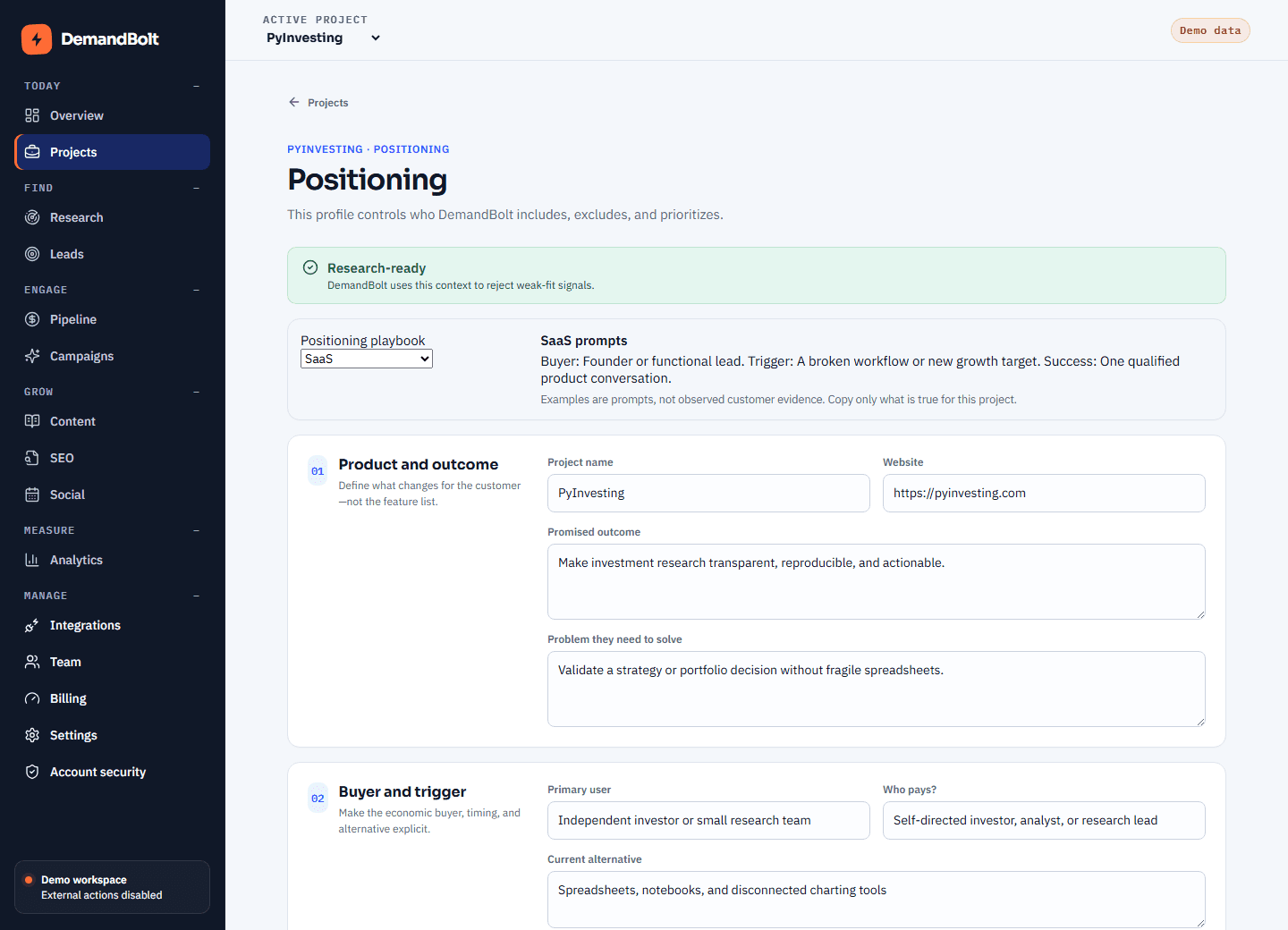 DemandBolt product positioning screen with editable outcome, urgent job, and buyer fields; demo workspace