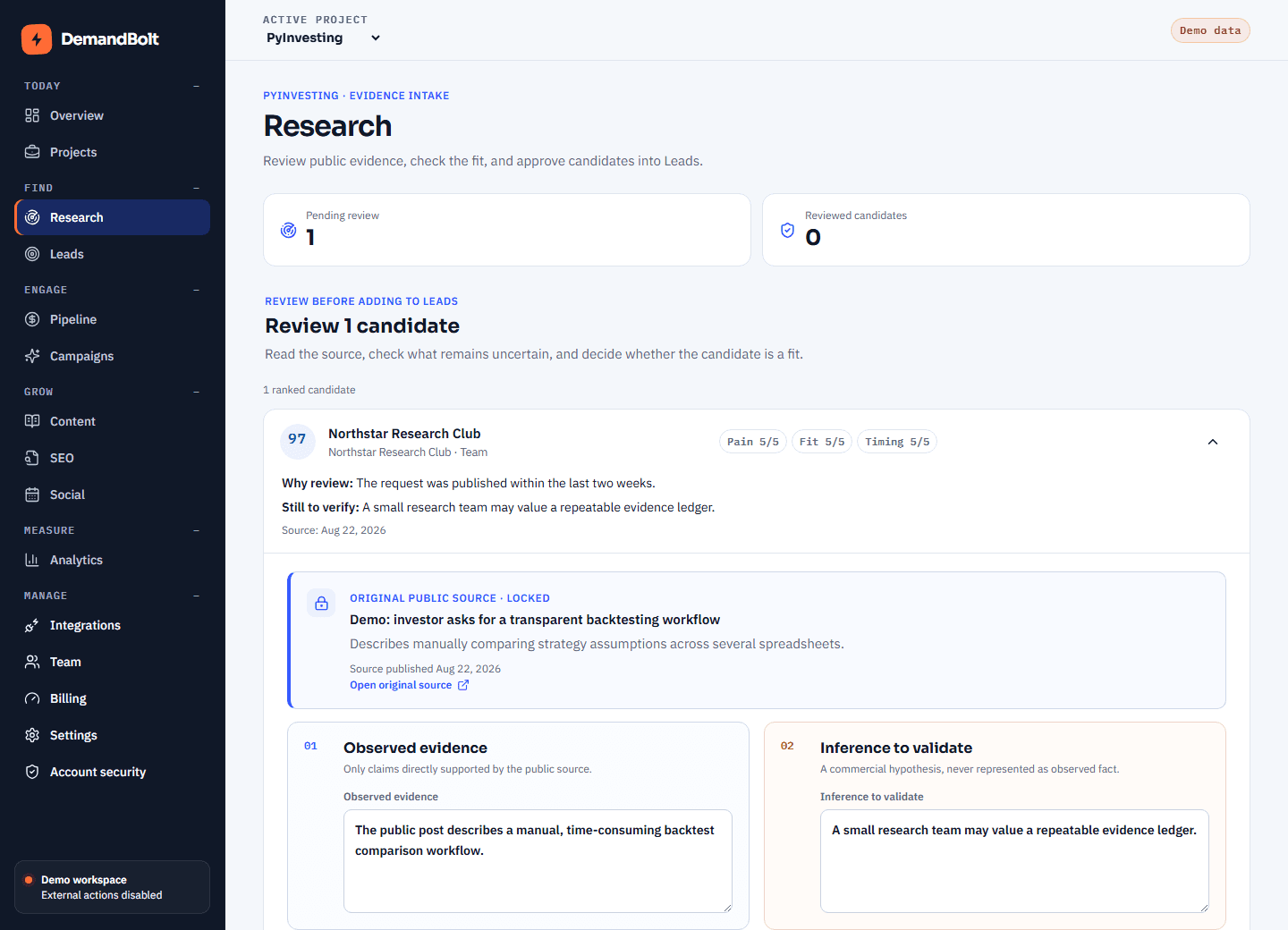 DemandBolt research workspace with research scope, review queue, and human approval controls; sample data